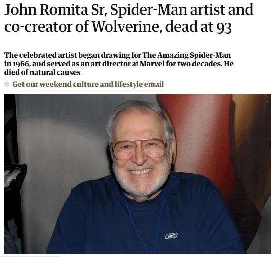 漫画家罗密特去世 参与作品《超凡蜘蛛侠》等
