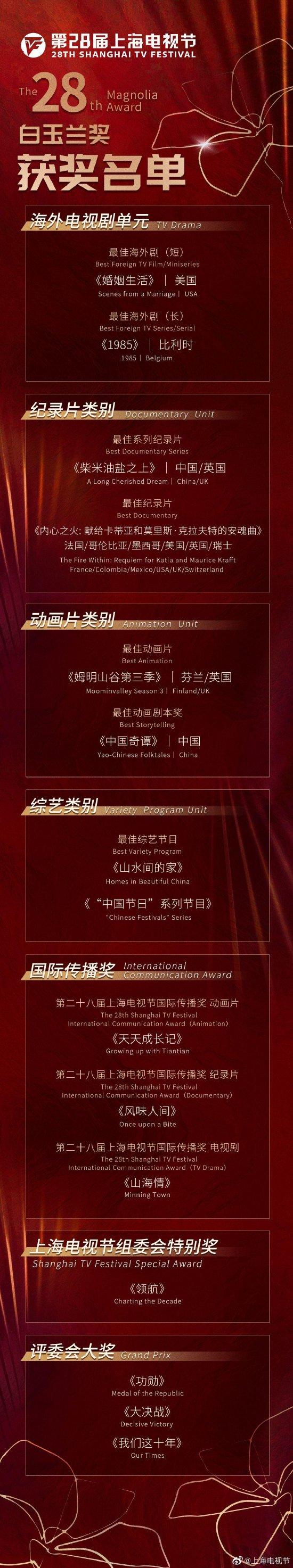 第28届上海电视节白玉兰奖获奖名单
